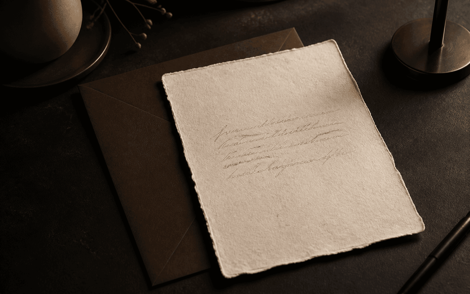 A handmade cream letter resting on an espresso envelope